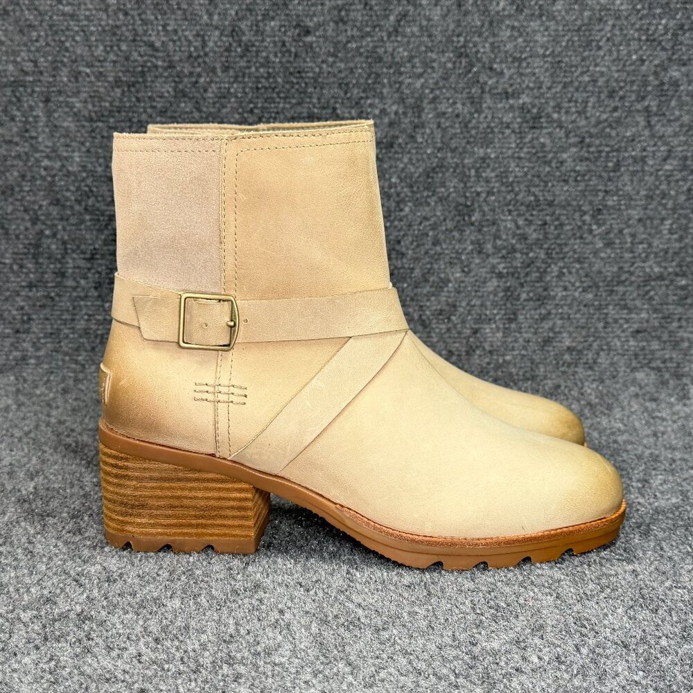 Sorel Cate Buckle Ankle Boots Women's Size 7.5 Sandy Tan Leather Chelsea Booties